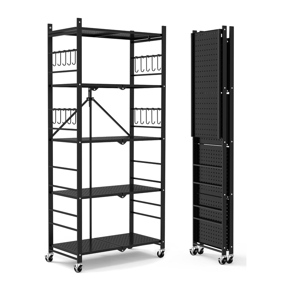 Himix 5-Tier Foldable Storage Shelves with 20 Hooks Wheels Kitchen Black