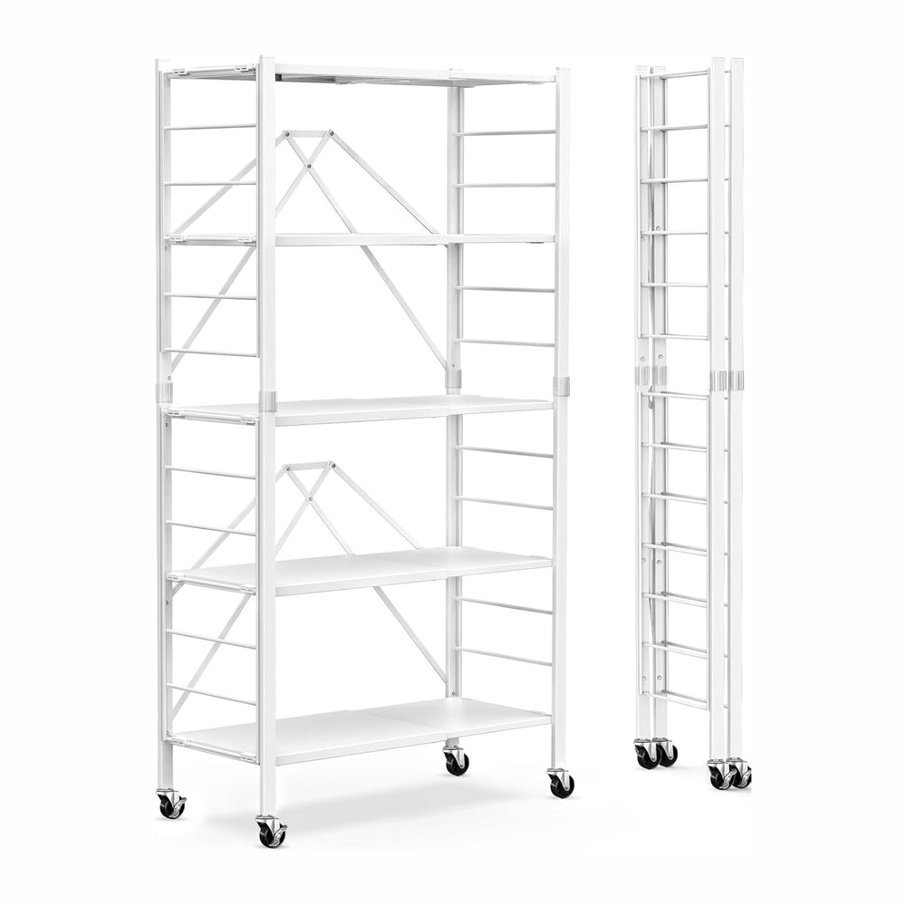 Himix 5-Tier Foldable Storage Shelves with Wheels Expandable Kitchen White