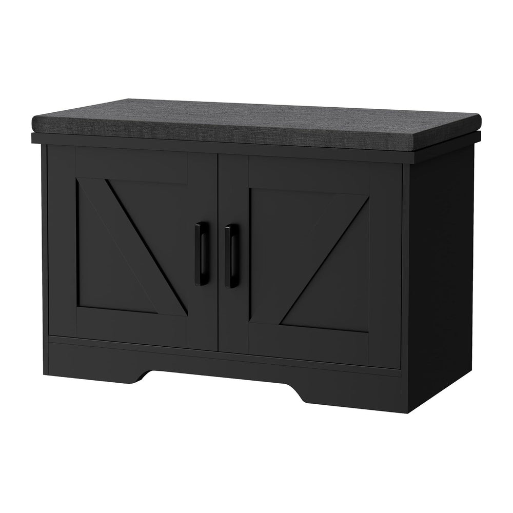 HOMSHO Farmhouse Shoe Storage Bench with 2 Barn Doors & Padded Seat Cushion