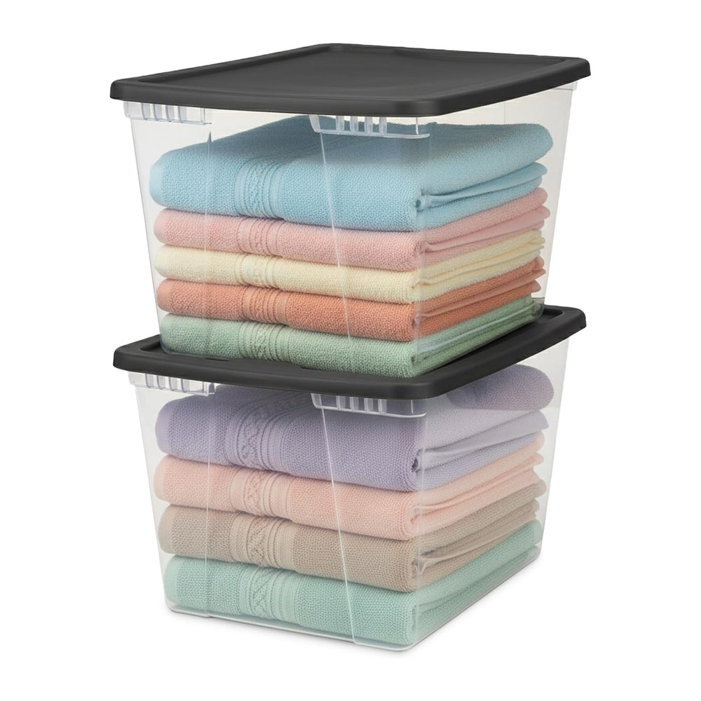 HOMZ 2-Pack Snaplock, Large Clear Plastic Storage Organizer Bins w/Lids, 56 Q...