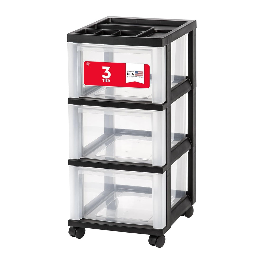 IRIS USA 3-Drawer Rolling Storage Cart, Black/Clear