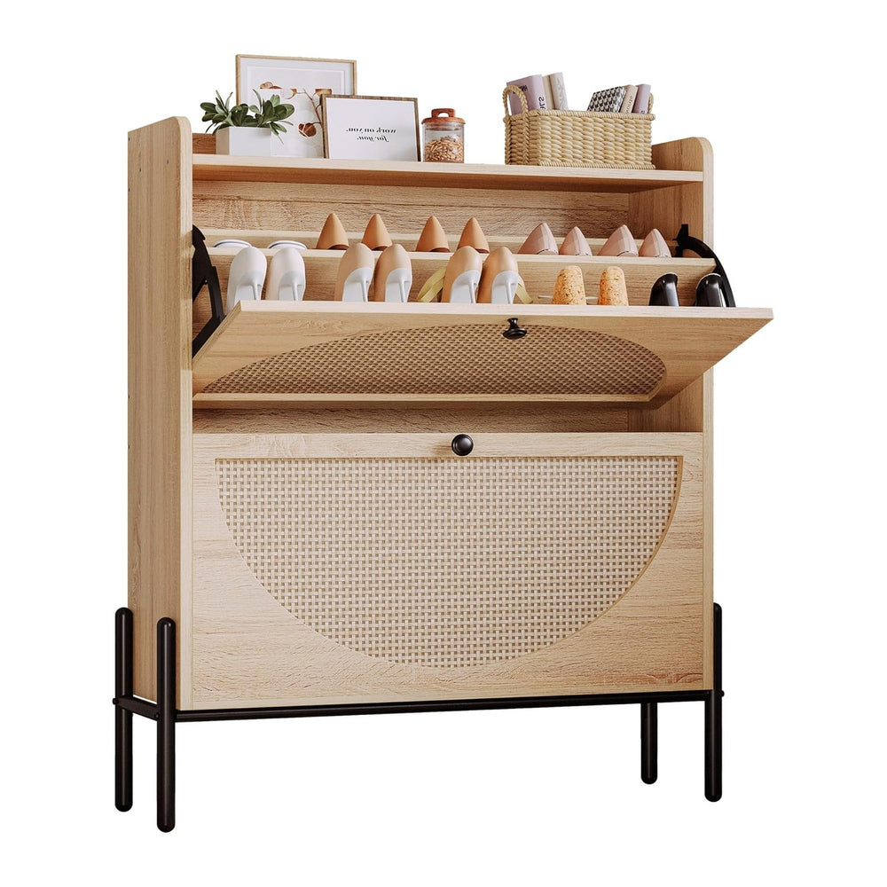 IRONCK Rattan Shoe Cabinet Storage with 2 Flip Drawers, Oak