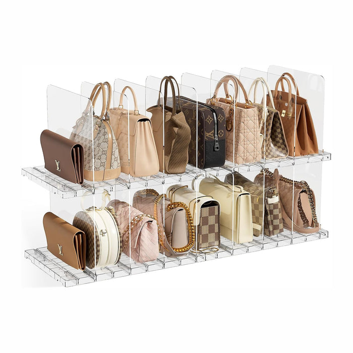 JOYZAN Stackable Purse Organizer for Closet, Adjustable Shelf Dividers for Closet Organizer Clear Acrylic Closet Purse Organizer Detachable Handbag Storage Separator Dividers for Home, Office - 4 Pack