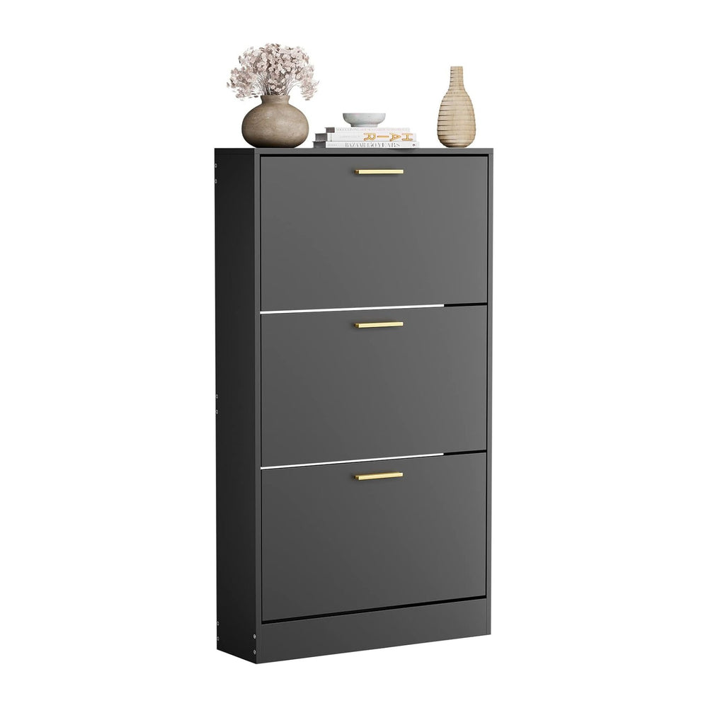 JOZZBY Shoe Cabinet, Black Shoe Cabinet with 3 Flip Drawer, Hidden Shoe Stora...