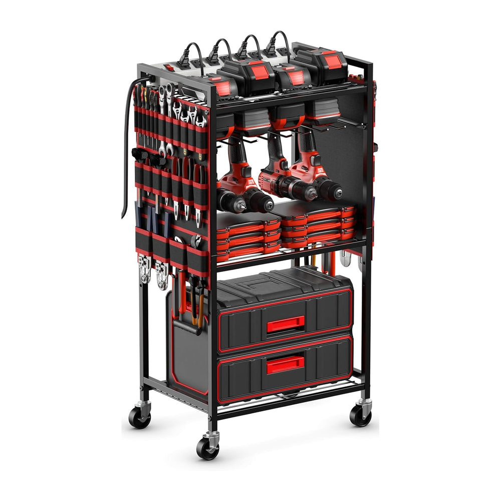 JUNNUJ Power Tool Organizer Cart with Charging Station, 6 FT Cord, Red