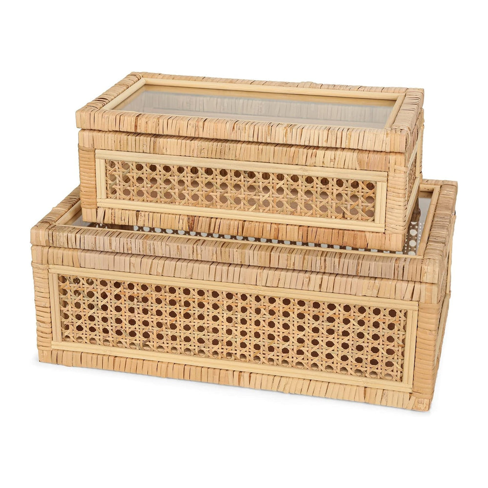 Large Handwoven Boho Rattan Display Boxes with Glass Lids Set of 2