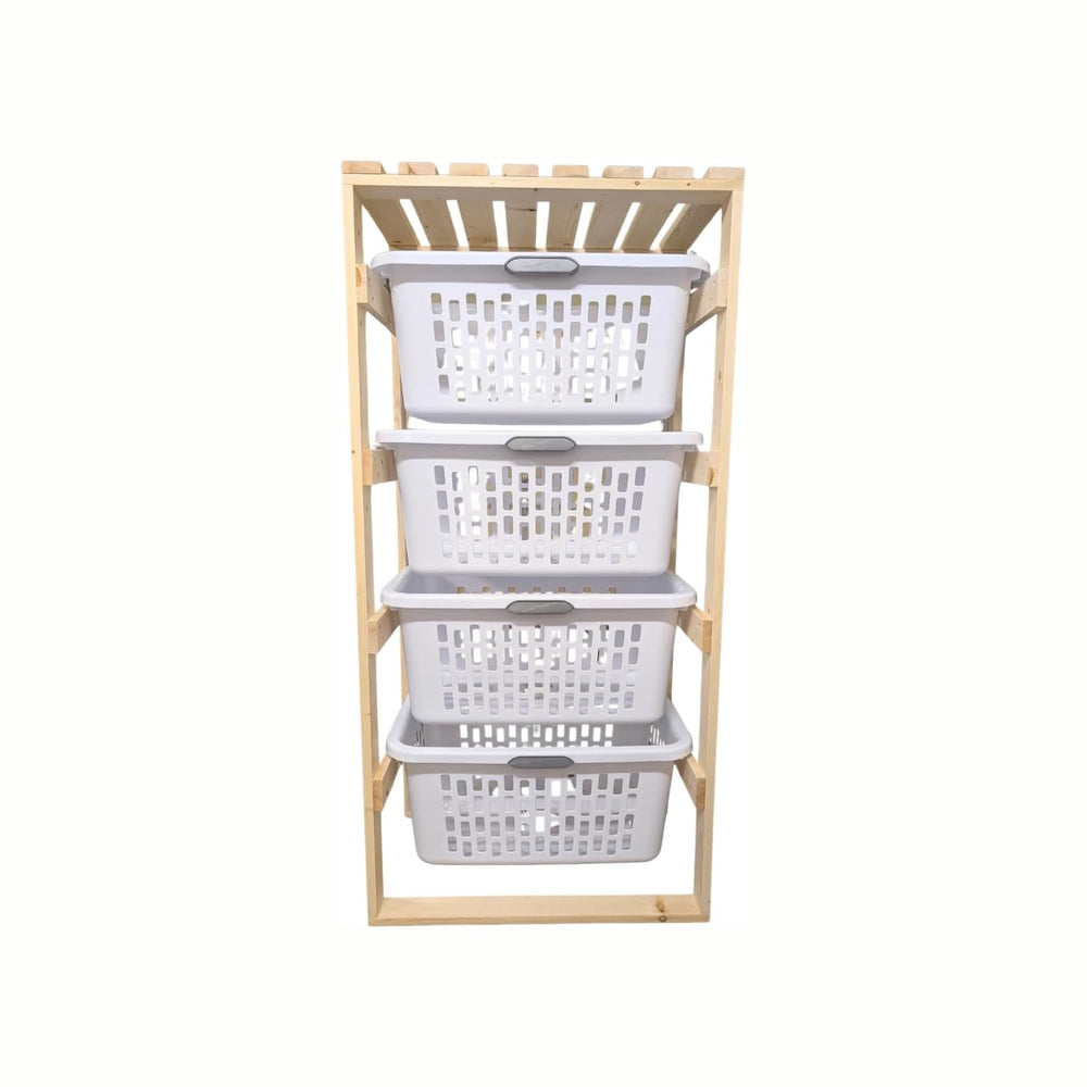 Laundry Basket Holder Storage Shelf (Solid Wood, 4 Tier, No Wheels, Wide)