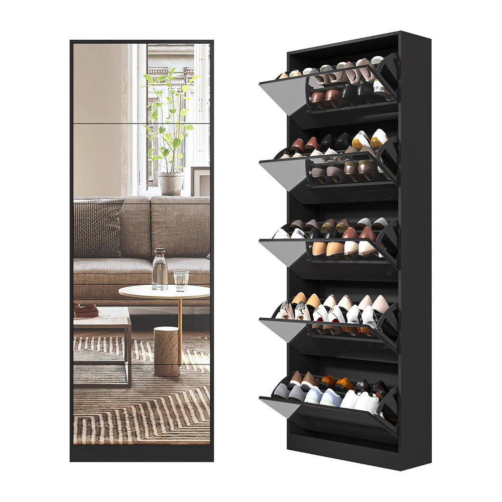 Mirrored Shoe Storage Cabinet with 5 Flip Drawers, 30 Pairs