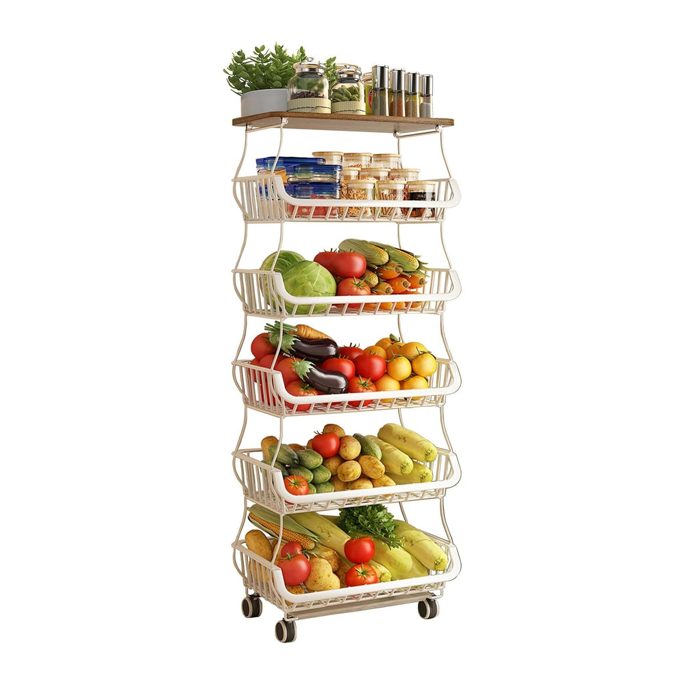 MURRI&MURRDI Fruit Vegetable Storage Basket with Wooden Lid, 6 Tier Stack...