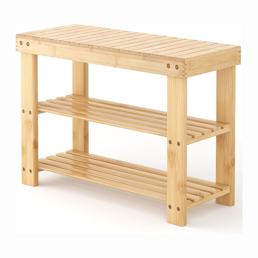 NEWBULIG Shoe Rack Bench, 3-Tier Bamboo Organizer, 11x28x18in, Wood