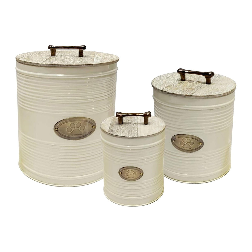 nu steel metal Ribbed Ivory 3 Pc set Jumbo Pet Canister with Golden PAW Plaqu...