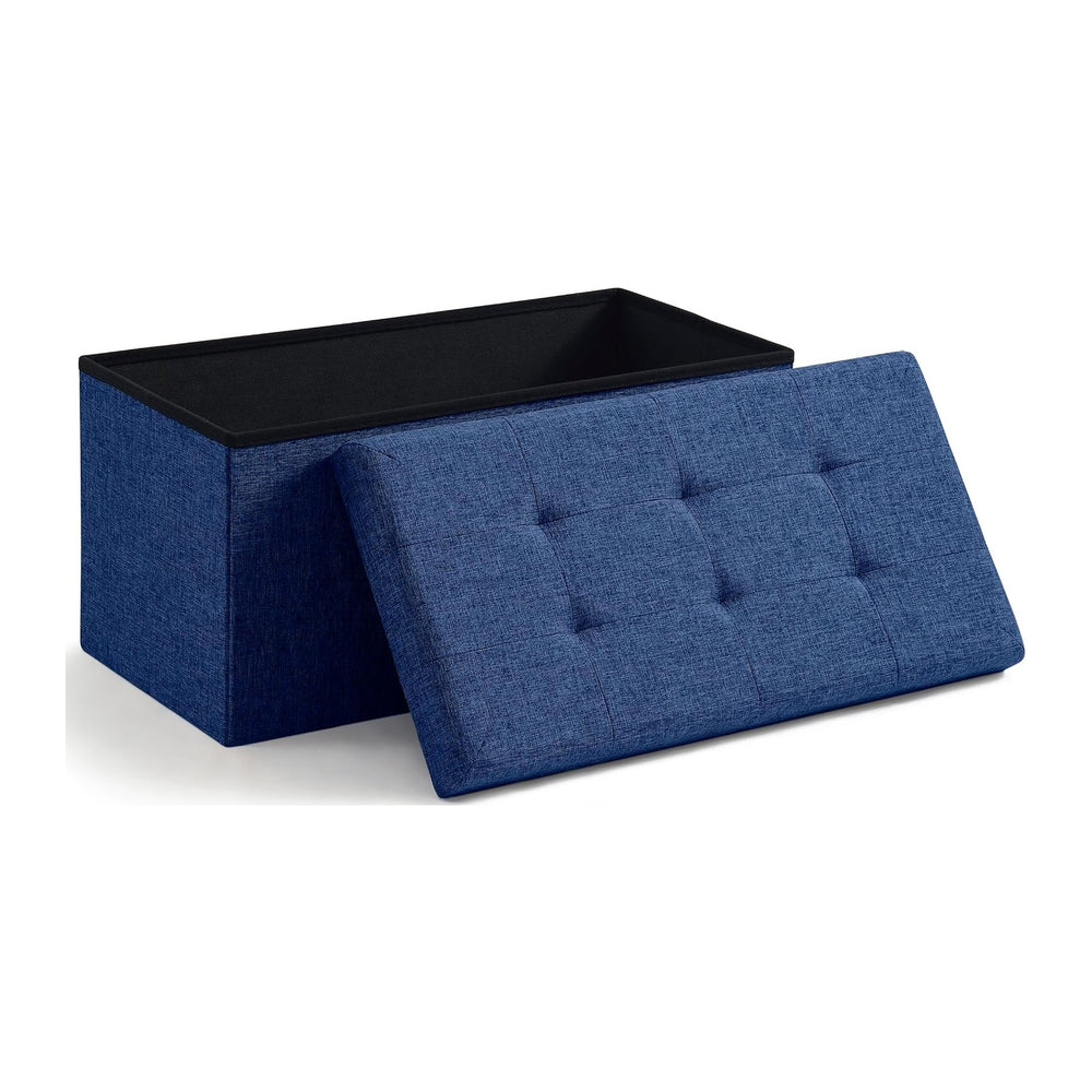 Ornavo Home 30 Inch Folding Storage Ottoman Bench, Tufted Linen, Navy Blue