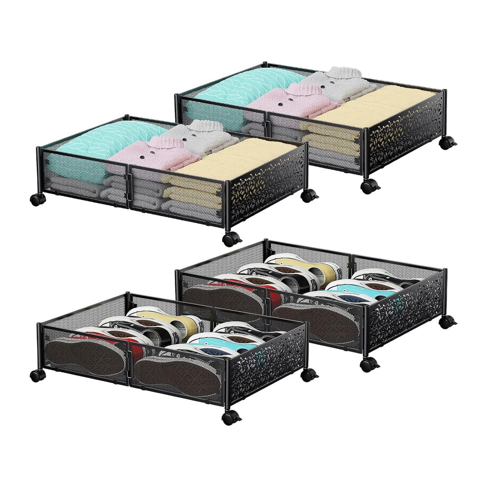 PHINOX Under Bed Storage with Wheels,Patterned,Sturdy Metal,4 Pack,Black