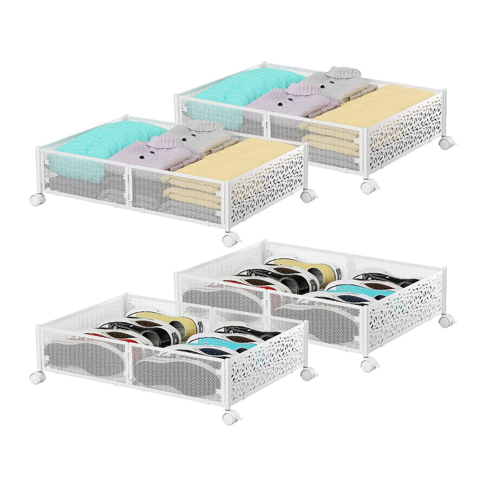 PHINOX Under Bed Storage with Wheels,Patterned,Sturdy Metal,4 Pack,White