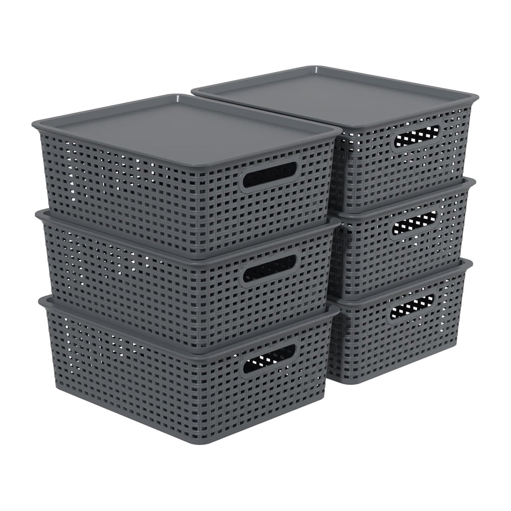 Plastic Storage Baskets with Lids, Organizer Bins, 6-Pack, Gray