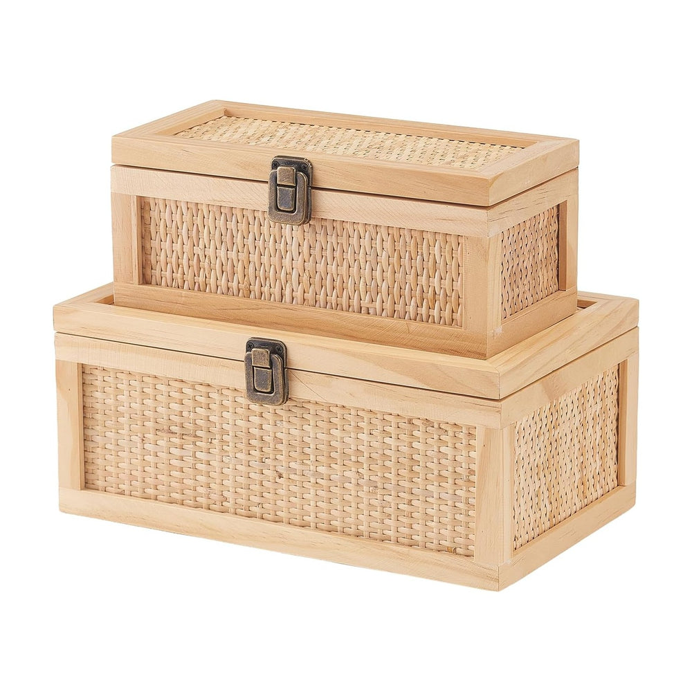 Rattan Decorative Boxes with Lids, Stackable Keepsake Box Set of 2