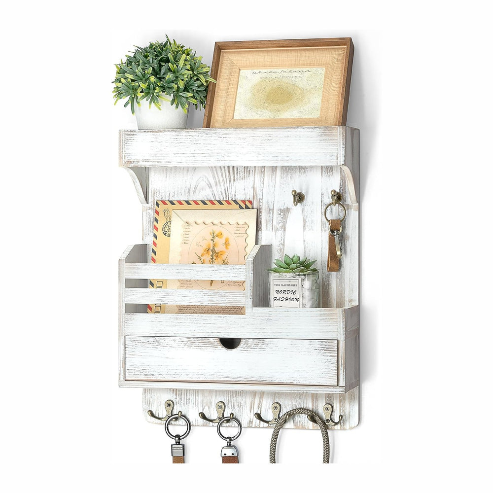 Rebee Vision Key Holder Wall Mount with Drawer for Home Decor, Whitewash