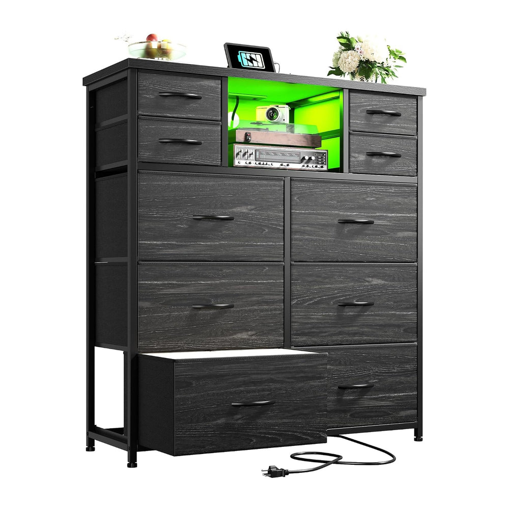Romorgniz Black Dresser for Bedroom with 10 Drawers, LED & Charging Station