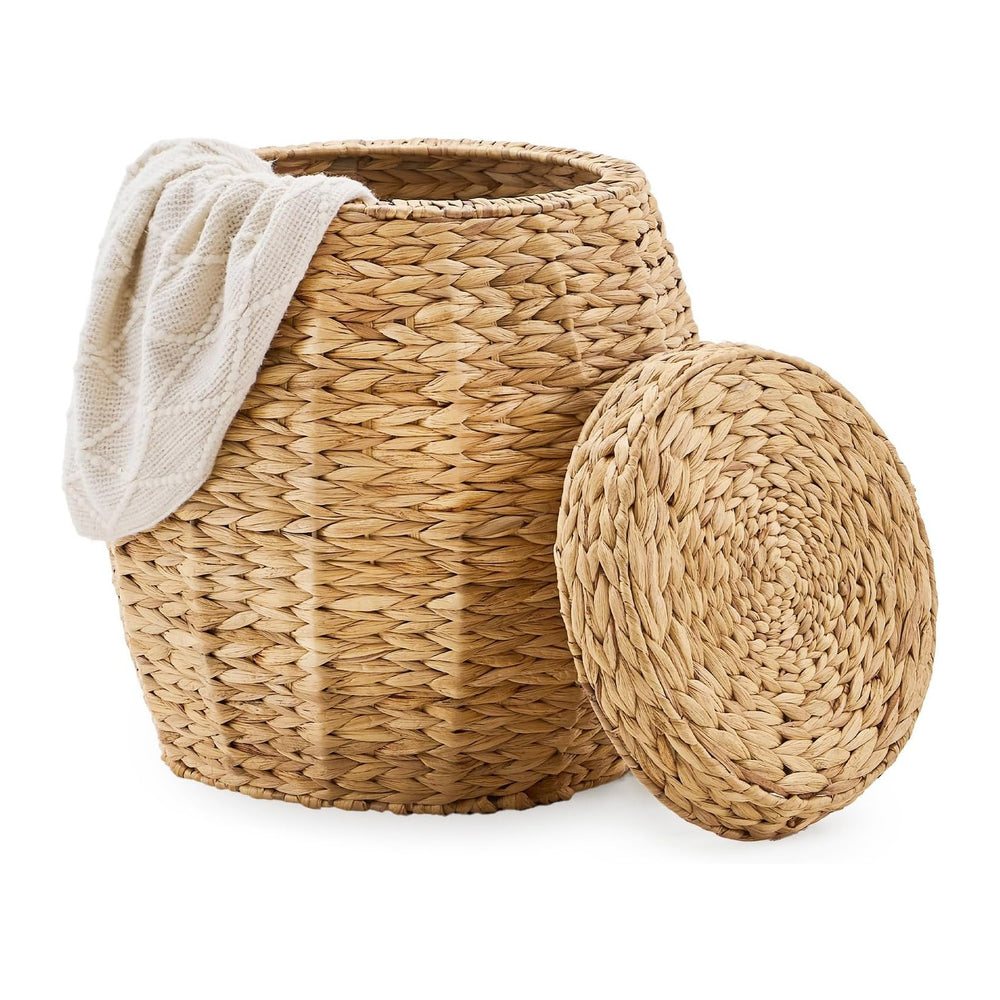 Round Wicker Basket with Lid, Handwoven Water Hyacinth Storage Basket, Blanke...