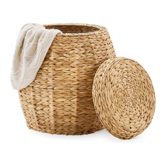 Round Wicker Basket with Lid, Handwoven Water Hyacinth Storage Basket, Blanket Organizer Basket for Laundry, Bathroom, Bedroom, Living Room, Office