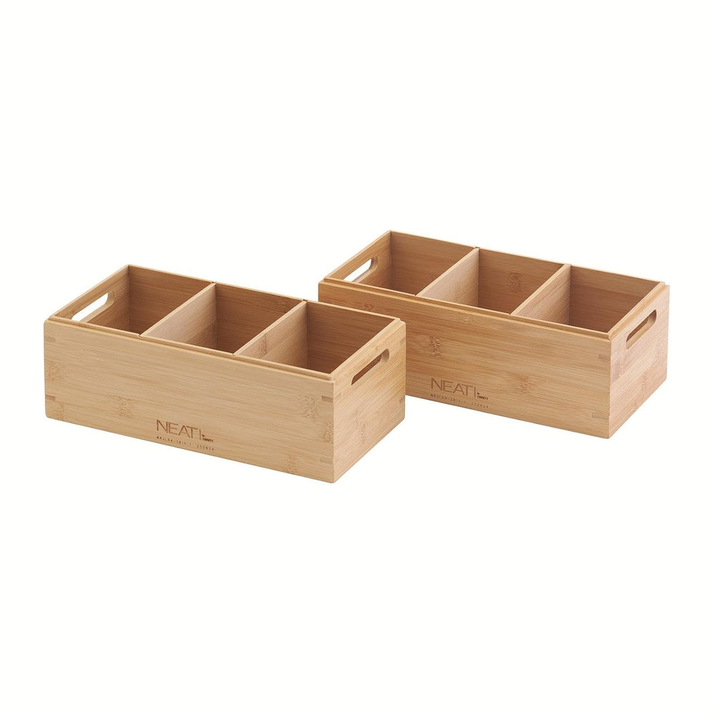 Set of 2 Stackable Bamboo Wood Boxes with Handles, Storage Bins for Shelving,...