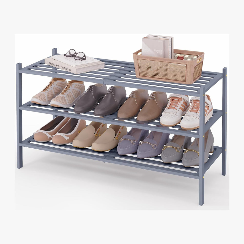 Smiry Bamboo Shoe Rack, 5 Horizontal Slats, 3 Tier - 33.9" Wide, Grey