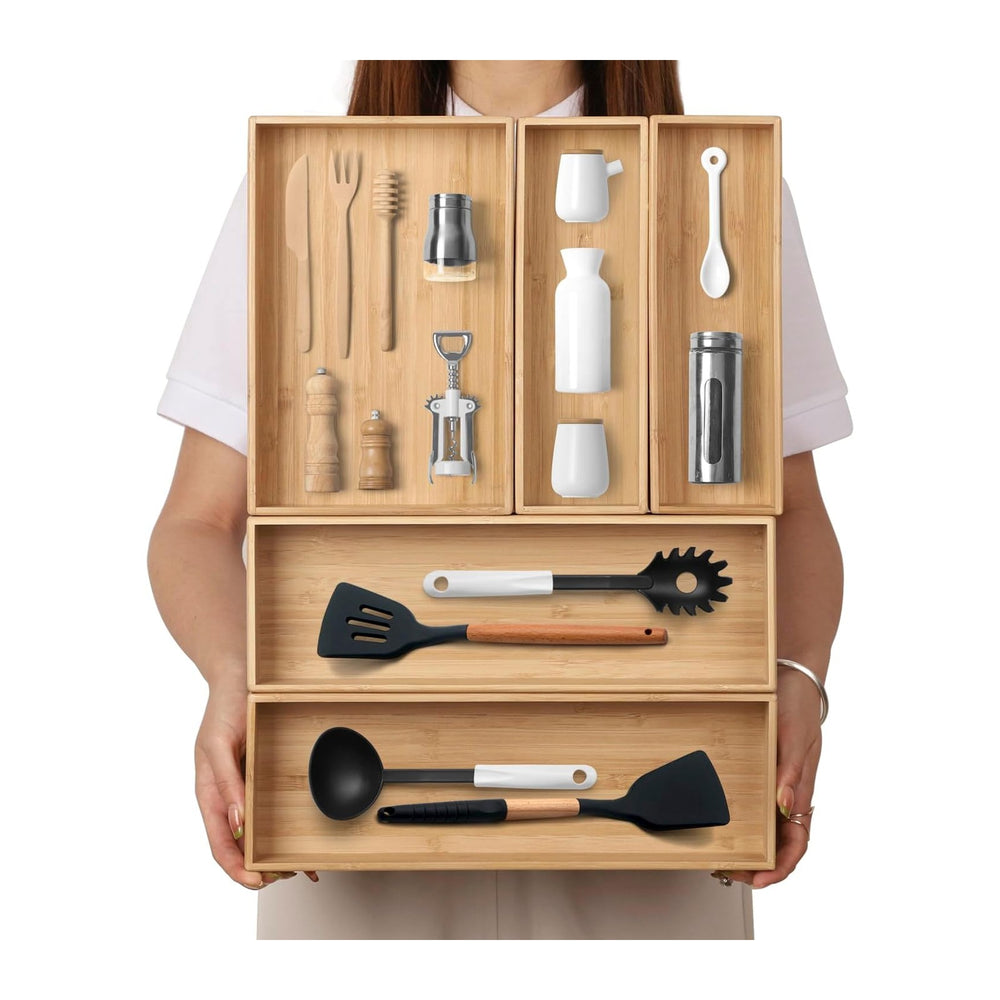 Stack Bamboo Drawer Organizer Set of 5, Kitchen Utensil, Flatware&Silverware
