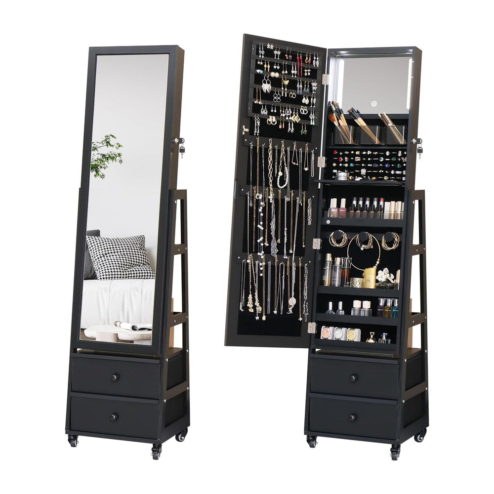Standing Jewelry Armoire Cabinet Lockable Full Length Mirror with Drawer