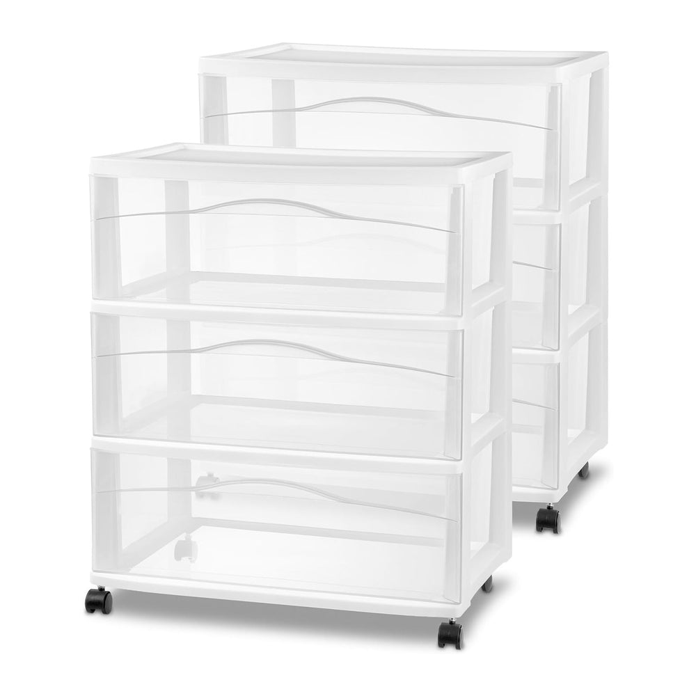 Sterilite Wide 3-Drawer Cart with Wheels for Bedroom and Dresser, 2-Pack