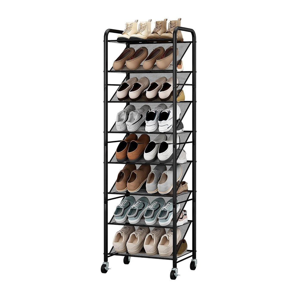 STO STO 8-Tier Narrow Shoe Rack with Lockable Wheels, Double-Sided Vinyl Mesh...