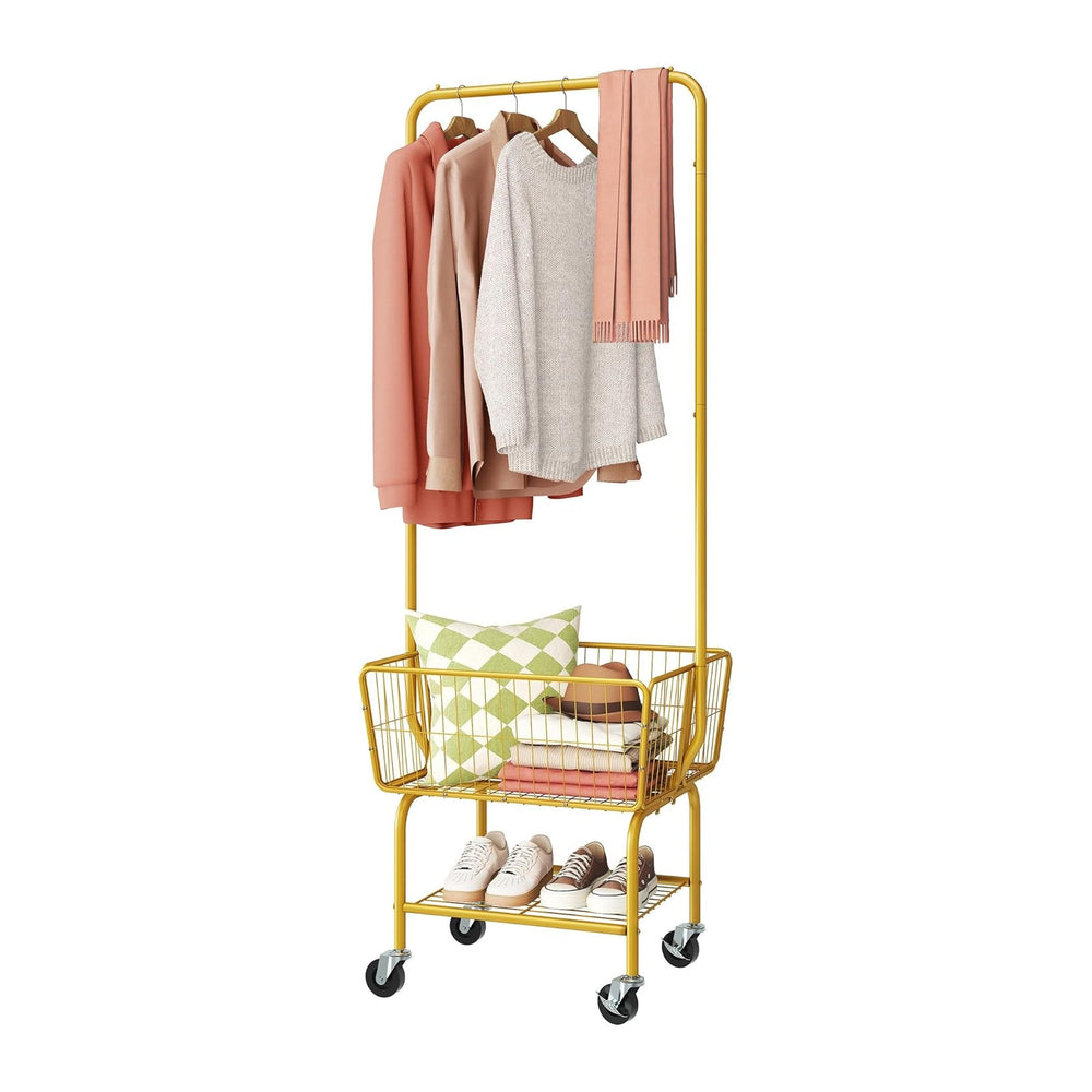 Tajsoon Rolling Laundry Cart with Hanging Rack & Laundry Basket, Gold