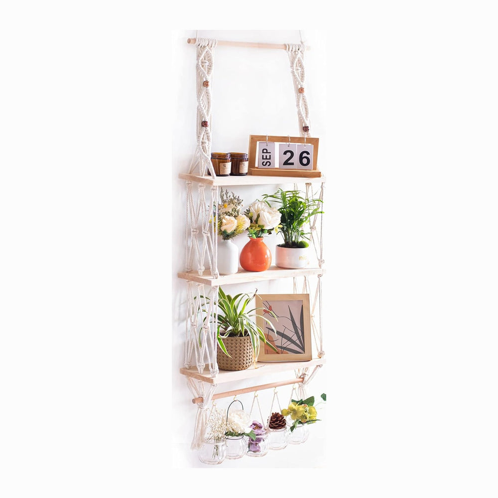 TENEWEE Boho Macrame Hanging Wall Shelf for Plant & Books Display 3-Tier
