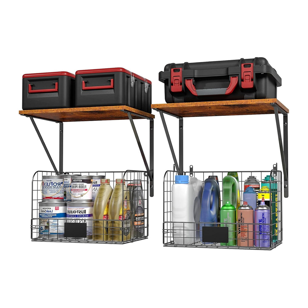ThreeHio 2 Pack Garage Shelves Wall Mounted with Wire Storage baskets, Heavy ...