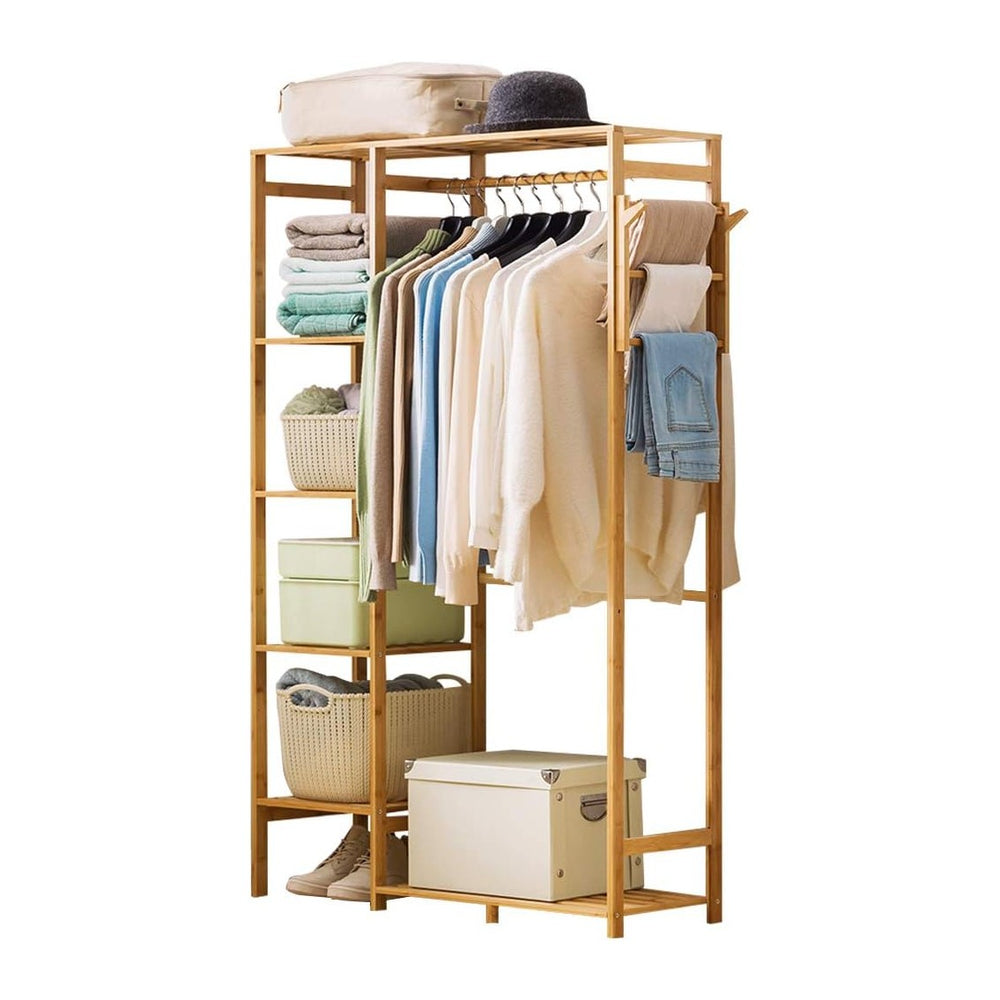Ufine Bamboo Garment Rack with 6 Tier Storage Shelves & Hanging Rod