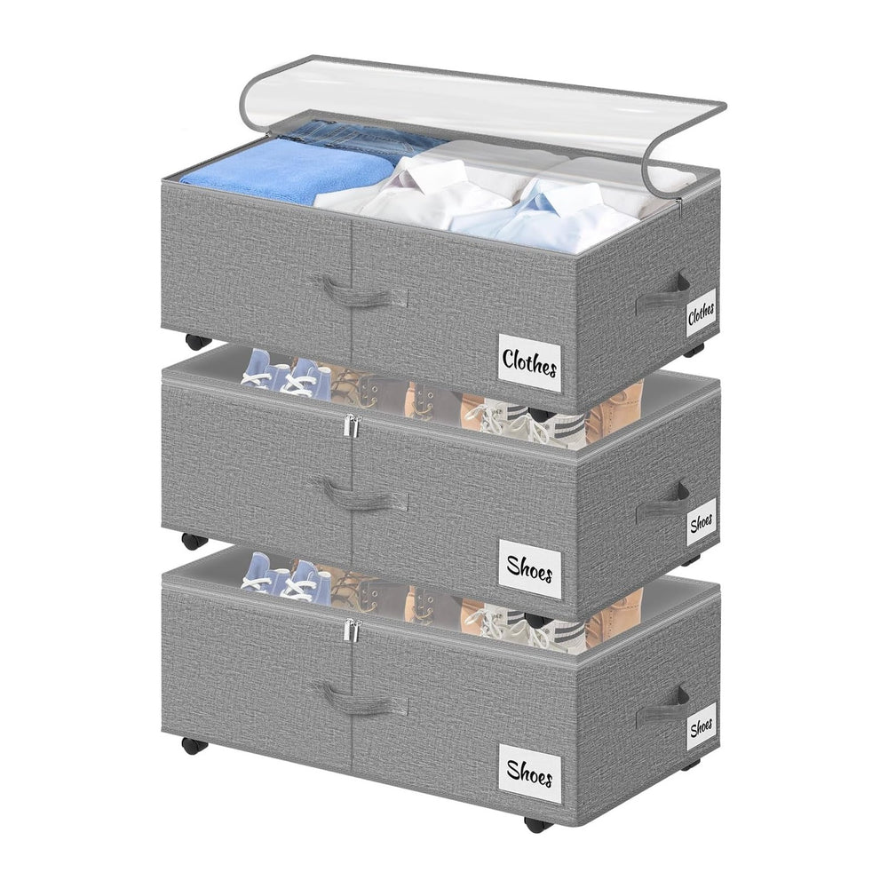 Under Bed Storage with Wheels, 3-Pack 10" Height XXL 75L Rolling Storage...