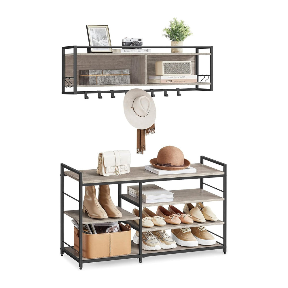 VASAGLE Hall Tree with Shoe Bench, 12 Metal Hooks, 4-Tier Shoe Rack