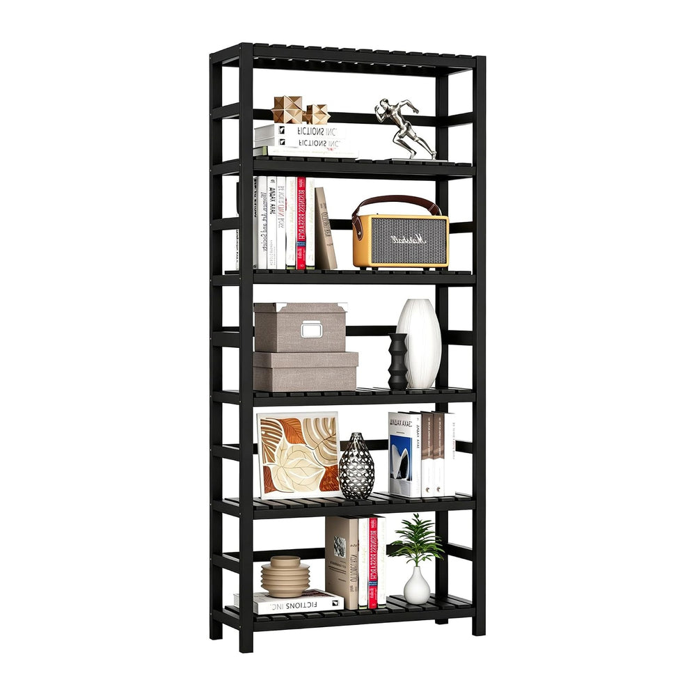 VASMIA 6-Tier Bamboo Shelf,Bamboo Storage Shelving Unit,Tall Bookcase with Ad...