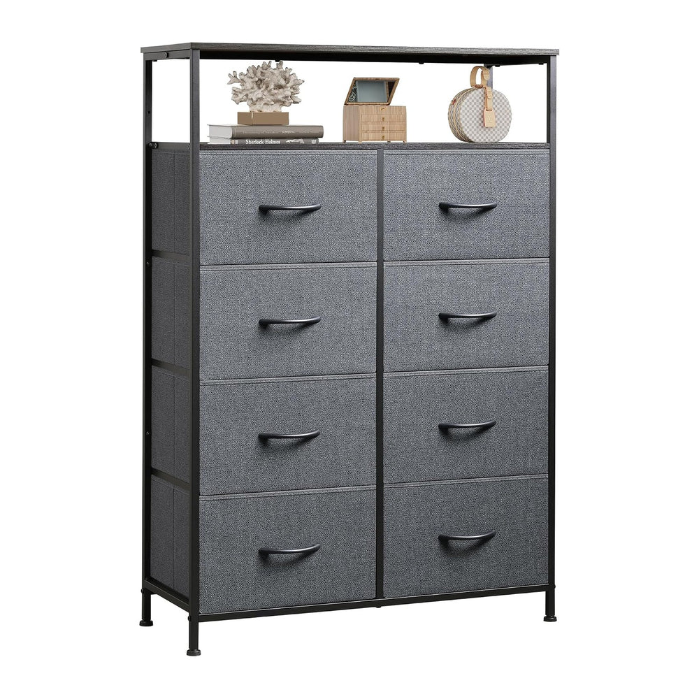 WLIVE 8 Drawer Fabric Dresser Open Shelves, Tall Bedroom Chest, Dark Grey