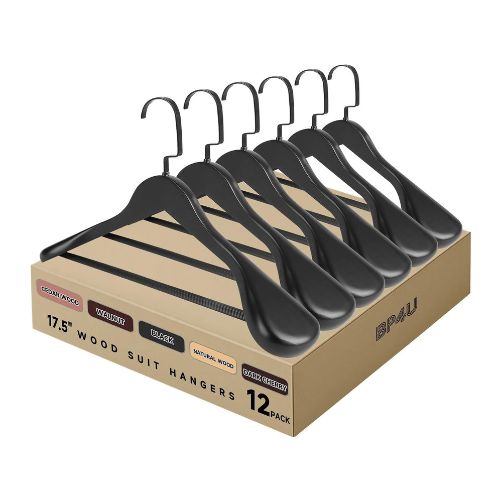 Wooden Suit Hangers with Non Slip Pants Bar, Black, 12-Pack, 17.5"