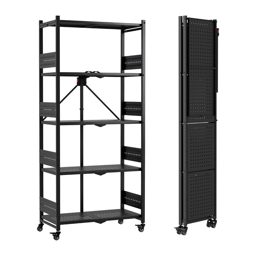 WORKPRO 5-Tier Folding Shelf, No-Assembly Metal Storage Rack with Wheels, 750...