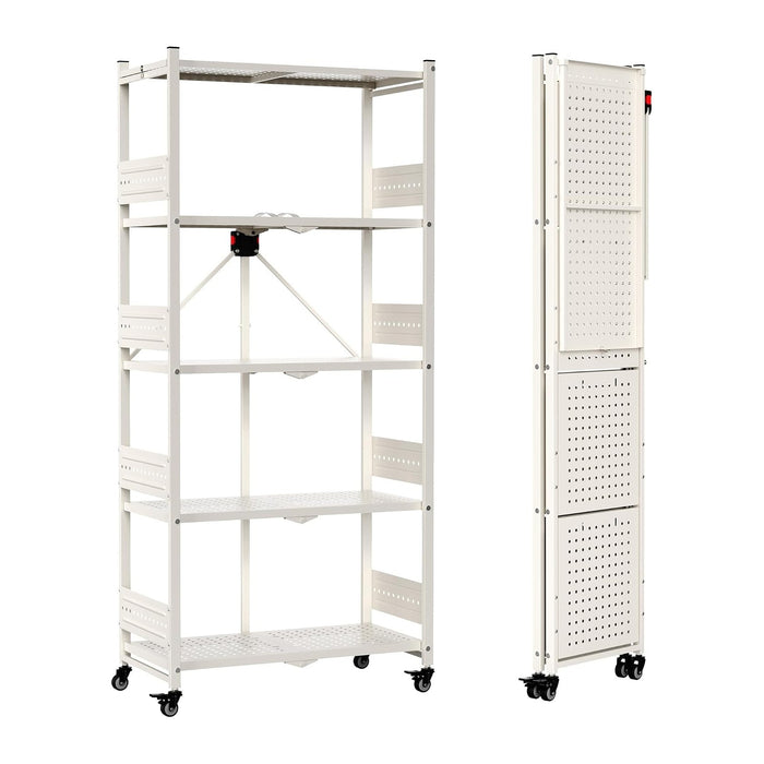 WORKPRO 5-Tier Folding Shelf, No-Assembly Metal Storage Rack with Wheels, 750 lbs Capacity (with Leveling Feet), Collapsible Shelving Unit for Kitchen, Pantry, Closet & Craft Shows - White