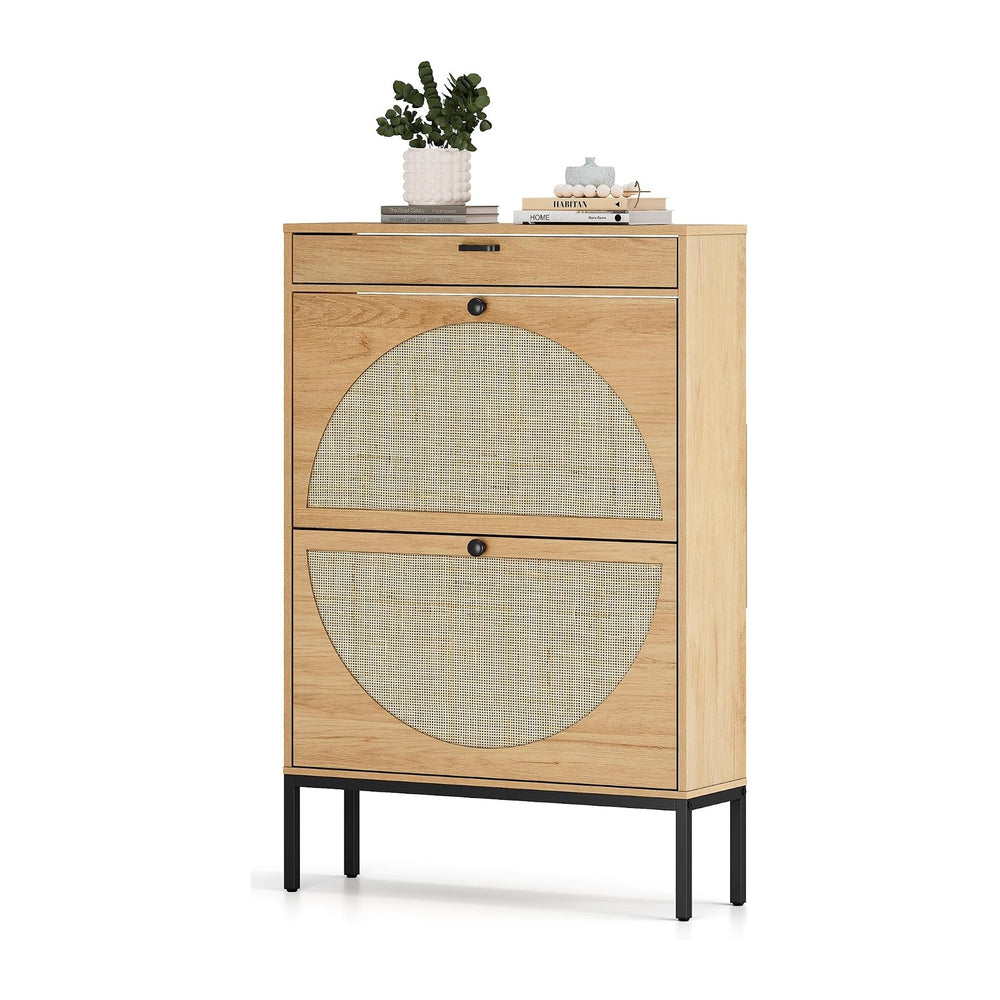 XIAO WEI Shoe Cabinet, Natural Semi Circle Rattan Shoe Storage Organizer Cabi...