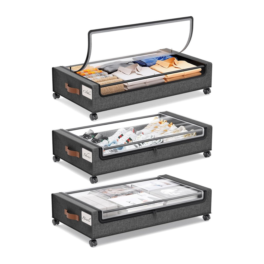 Yecaye 3 Pack Under Bed Storage with Wheels, Under Bed Storage Containers, Un...