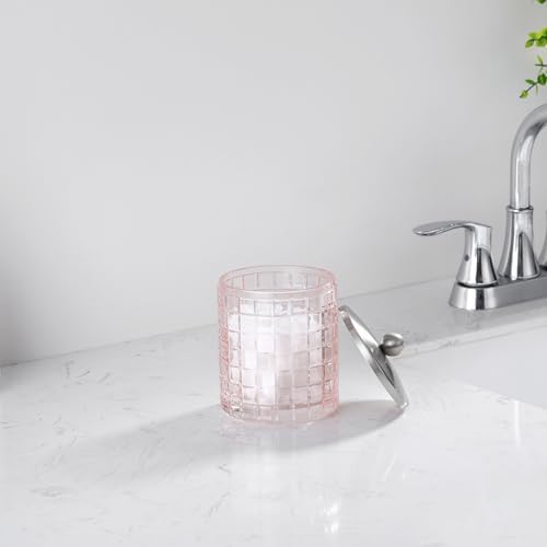 Blush Colored Tranlucent Apothecary Etched Geometric Grid Glass Jar W/Nickel Metal Lid Cover for Bathroom Organization, Cotton Balls, Q Tips, and Small Accessories, Bathroom Storage