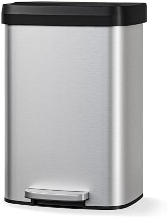 Garvee 13 gal / 50 L Stainless Steel Trash Can with Lid, Large Garbage Can for Kitchen, Rustproof Step-on Kitchen Metal Trash Bin with Liner Rim, Rear Handle, Soft Close Plastic Lid, Silver