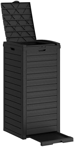 Waterproof Outdoor Trash Can with Lid, Plastic Outdoor Garbage Can with Drip Tray, Large Trash Can Outside for Patio, Garage, Pool, Garden, Backyard & Deck, Jet Black (31 Gallon)
