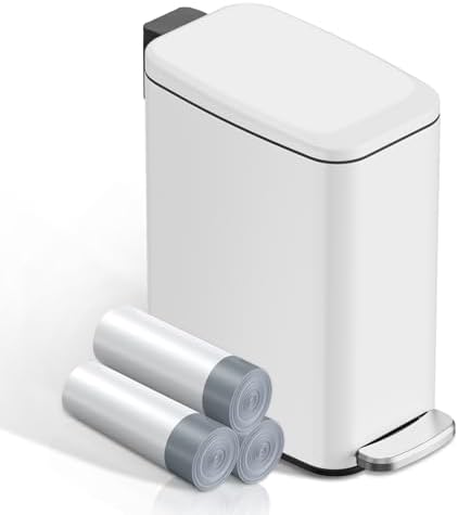 KSSKSS Small Bathroom Trash Can with Lid Soft Close, Step Pedal, 6L / 1.6 Gal Stainless Steel Garbage Bin with Removable Inner Bucket, Slim Wastebasket for Narrow Spaces (White)