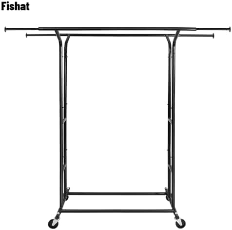 Fishat Black 60" H Heavy Duty Double Rod Rolling Clothes Garment Rack
