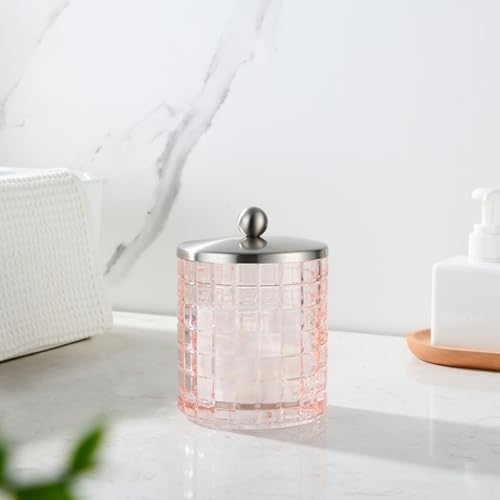 Blush Colored Tranlucent Apothecary Etched Geometric Grid Glass Jar W/Nickel Metal Lid Cover for Bathroom Organization, Cotton Balls, Q Tips, and Small Accessories, Bathroom Storage