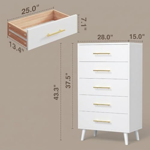 Aiho 5 Drawer Dresser, Tall Dresser, White